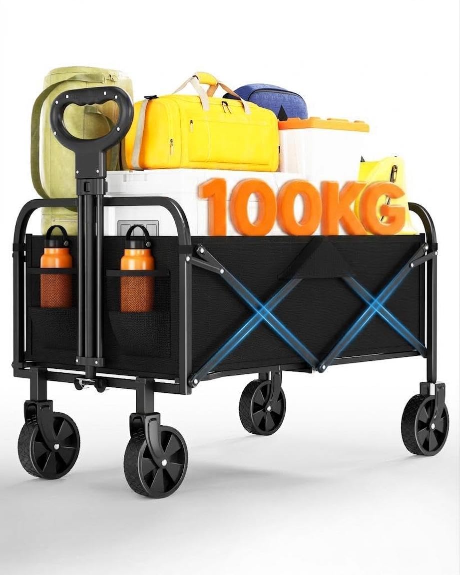 Bollerwagen Faltbar, 100kg Belastbar & 100L Volumen, Handwagen | Mit 360°Drehbaren Rädern, Für Jedes Gelände, Wasserabweisender Strandwagen Für Strand, Camping & Garten