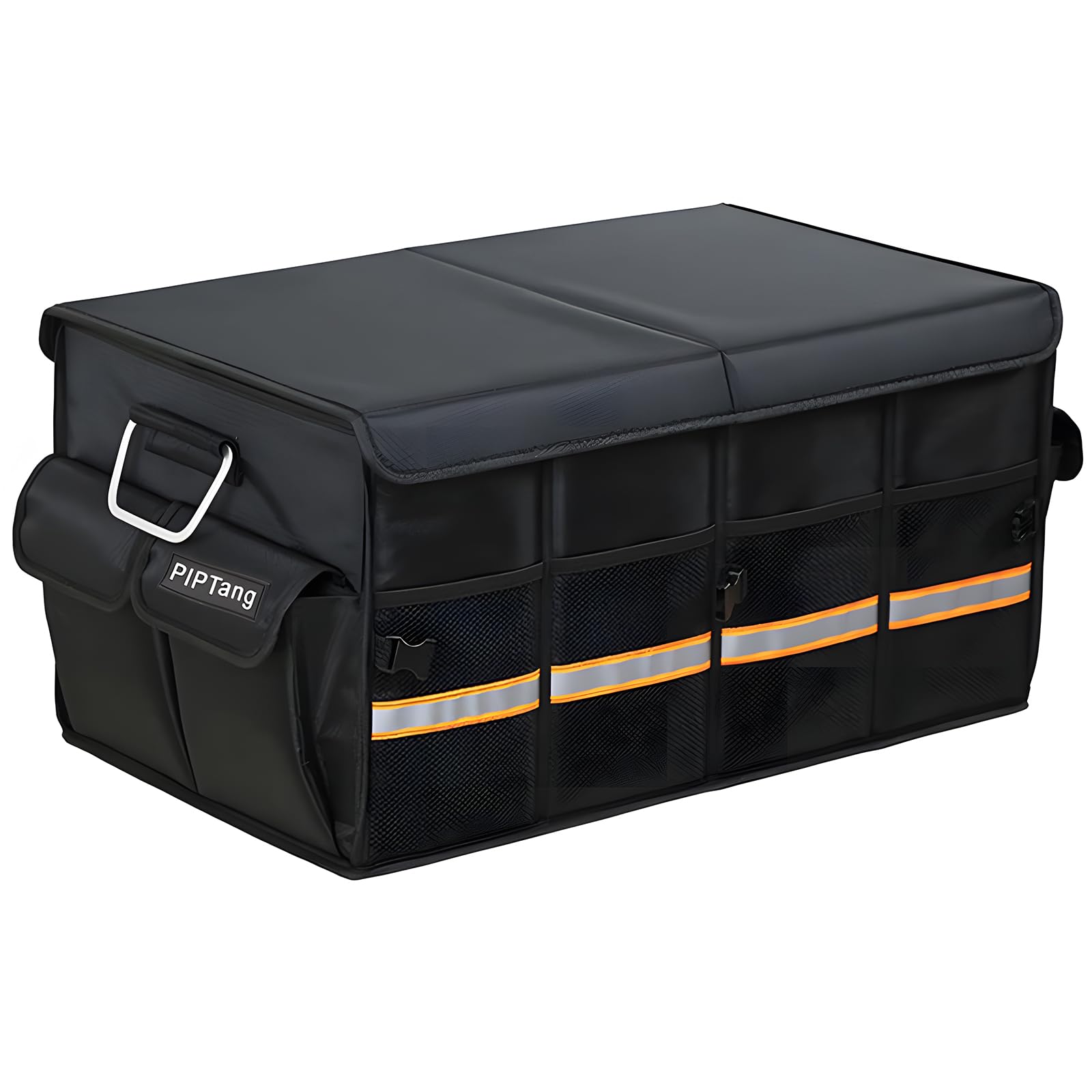 PIPTang Collapsible Car Trunk Organizer with Reflective Strips, Durable 1680D Oxford Fabric, Large Capacity Storage Bin with Aluminum Handles, Anti-Slip Bottom – 60x35x30cm (23.4x13.8x11.8 inches)