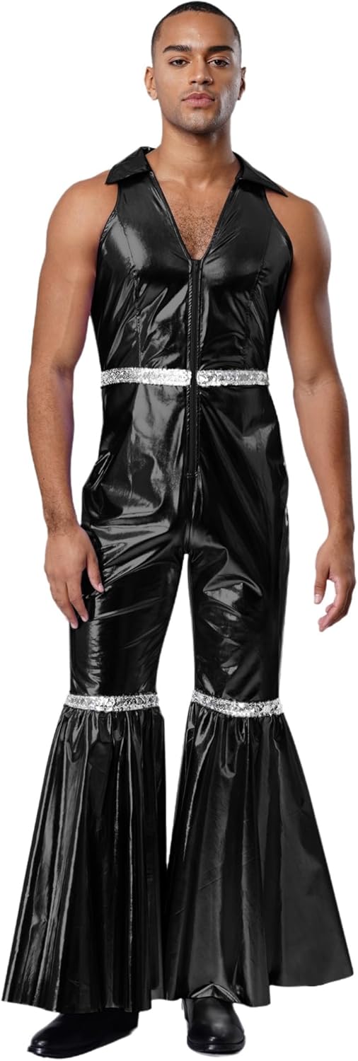TiaoBug Mens 70s Disco Hippies Costume Shiny Metallic Unitard Sleeveless Bodysuit One Piece Jumpsuits