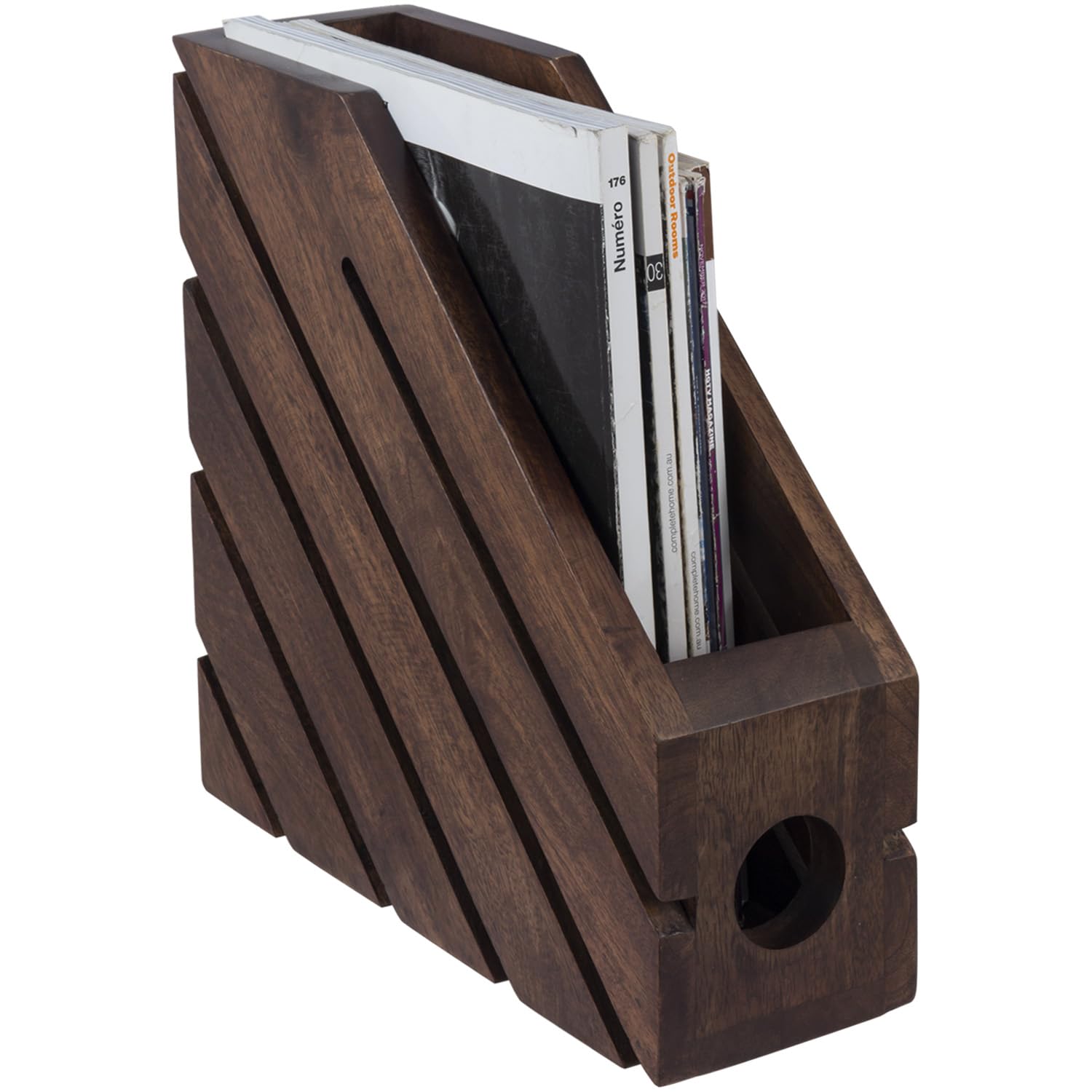 MyGift Modern Premium Solid Mango Wood Desktop File Holder Bin with Cutout Diagonal Pattern, Office Desk Document Folder Binder Storage Organizer Basket - Handcrafted in India