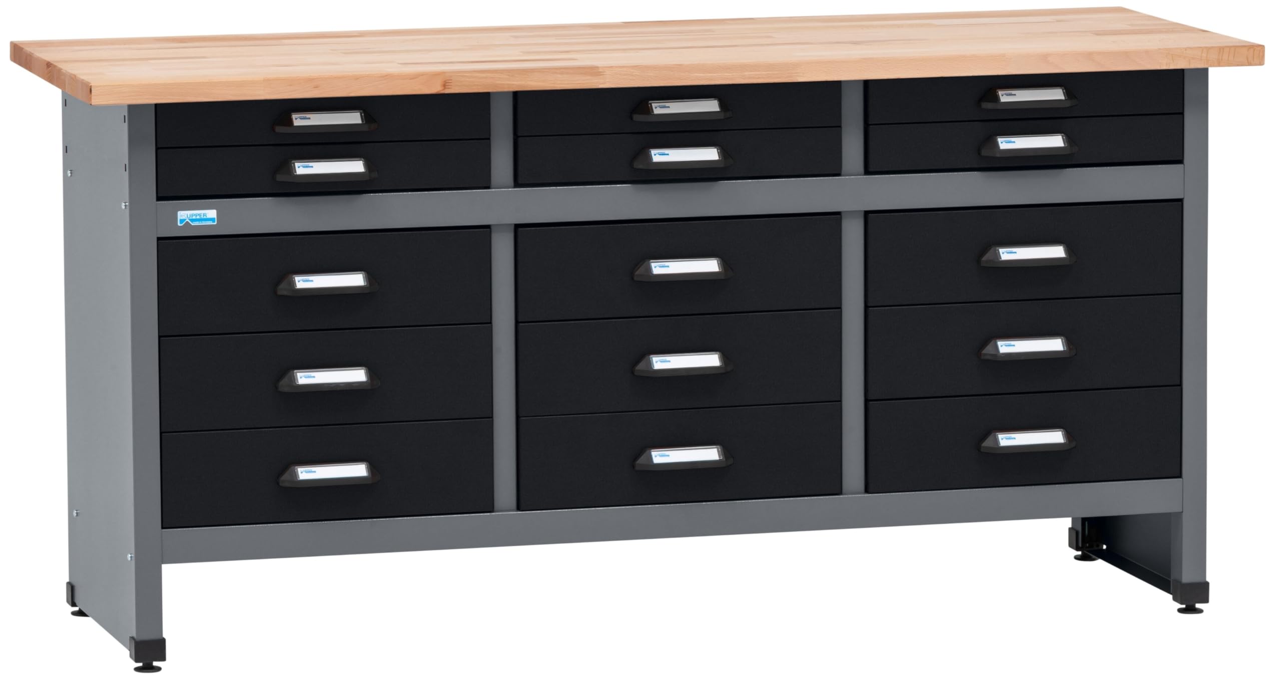 Küpper Werkbank Modell 12979, 170x84x60 cm, 15 Schubladen, 30 mm Massive Buchenarbeitsplatte, 300 kg Tragkraft (Schwarz)