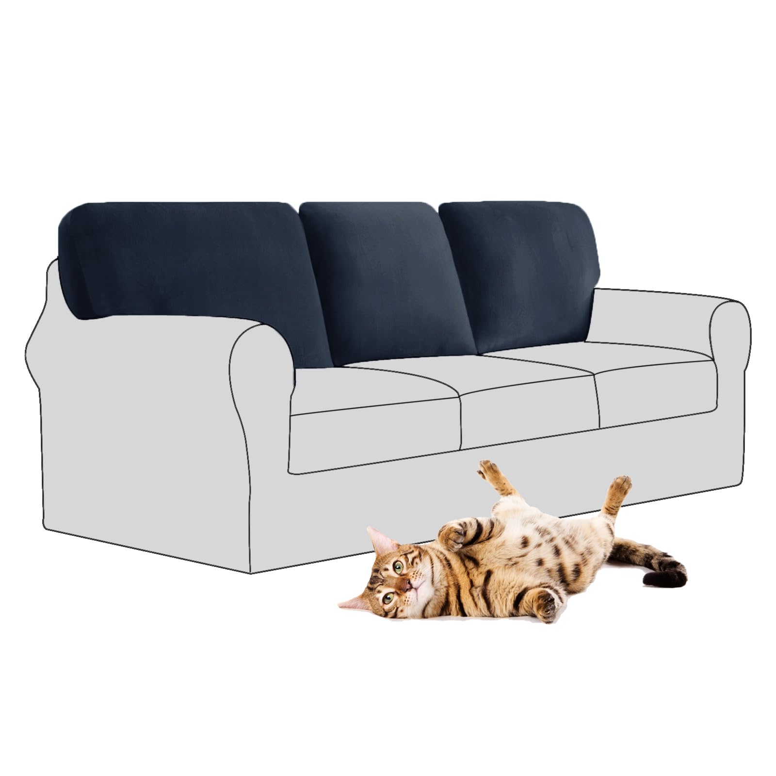 SYLC Stretch Velvet Sofa Backrest Cover, Back Cushion Covers Non-Slip Sofa Cushion Slipcovers for Couch Chesterfield Caravan RV Dinette (Dark blue,3 pcs Square L)