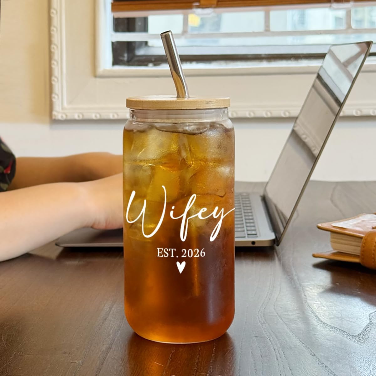 Bridal Shower Gift for Women,Cute Bride To Be Gifts for Bridal Shower,Bachelorette Party,Wedding Day,Honeymoon Gifts for Wife,Wifey Gift Glass Cups with Lids and Straws for Christmas,Birthday-98 - Image 3