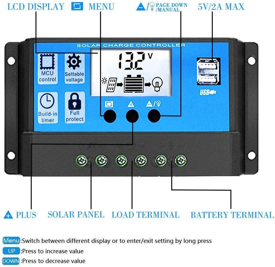 EpRec Solar Charge Controller 10A 12V/24V Solar Panel Charge Controller with USB Port LCD Display,Compatible with Sealed, Gel, and Flooded Batteries : Patio, Lawn & Garden