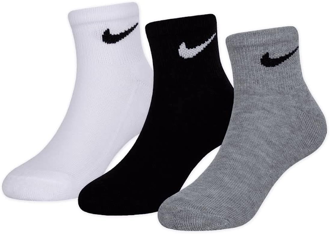 Nike Cushioned Ankle Un0026 Socken, Unisex, Kinder, 3 Paar Ages 4-5 White/Dk Grey Heather