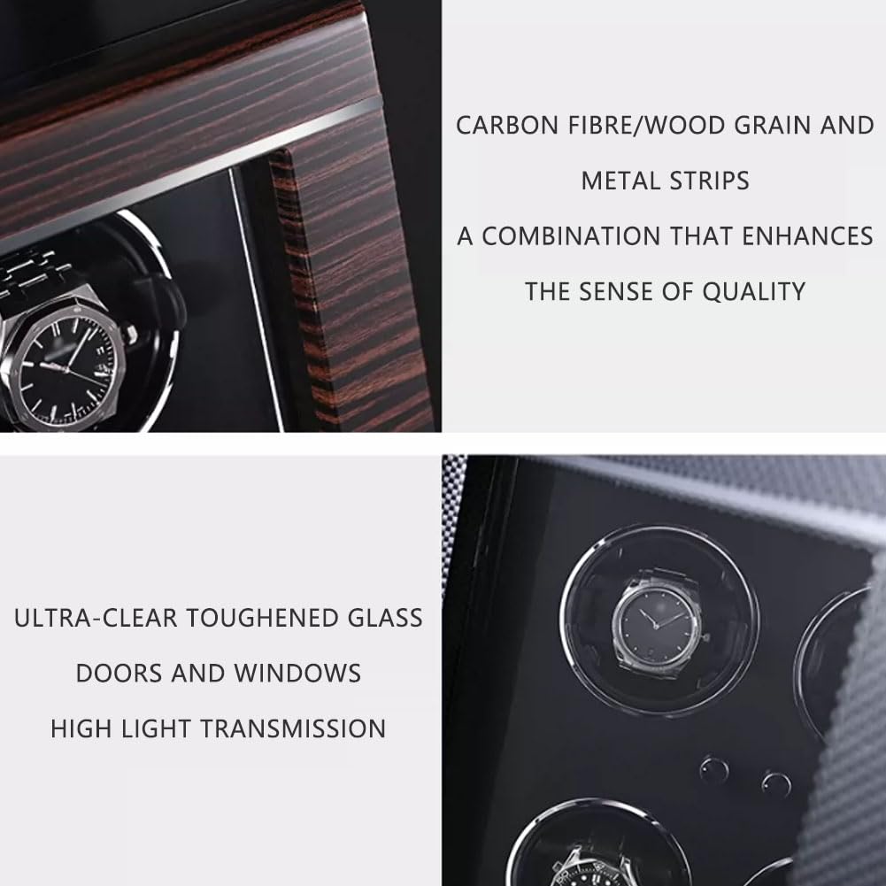 Relojero Automatico, Caja Relojes Automaticos Carbon Fibre Knobstyle | 4 Ranuras Tpd 300–1950 Led 6500 K Iluminación Extremadamente Silencioso Apagado Automático Cuando La Tapa Está Abierta