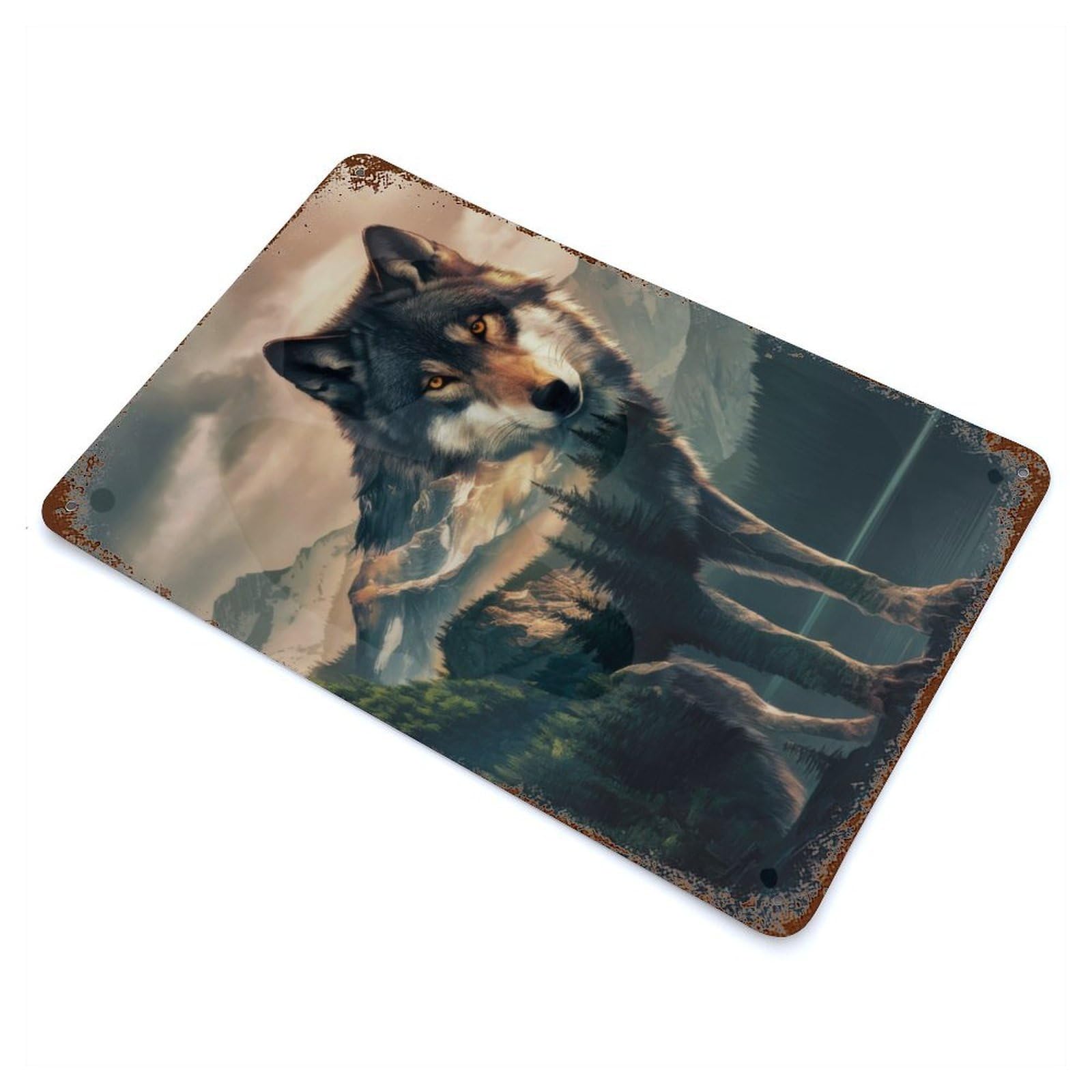 Distressed Metal Wall Sign with Wolf Forest Husky Dog Design 11.8"x7.9", for Living Room, Hallway And Home Decor, Vintage Wall Decor