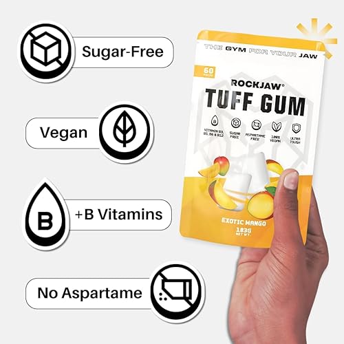 Miniatura 4 de ROCKJAW Jawline Gum Tuff Gum 2.0 con complejo de vitamina B - 100% xilitol, sin aspartamo, sin azúcar, mango exótico (sin tim) - Suministro para 2