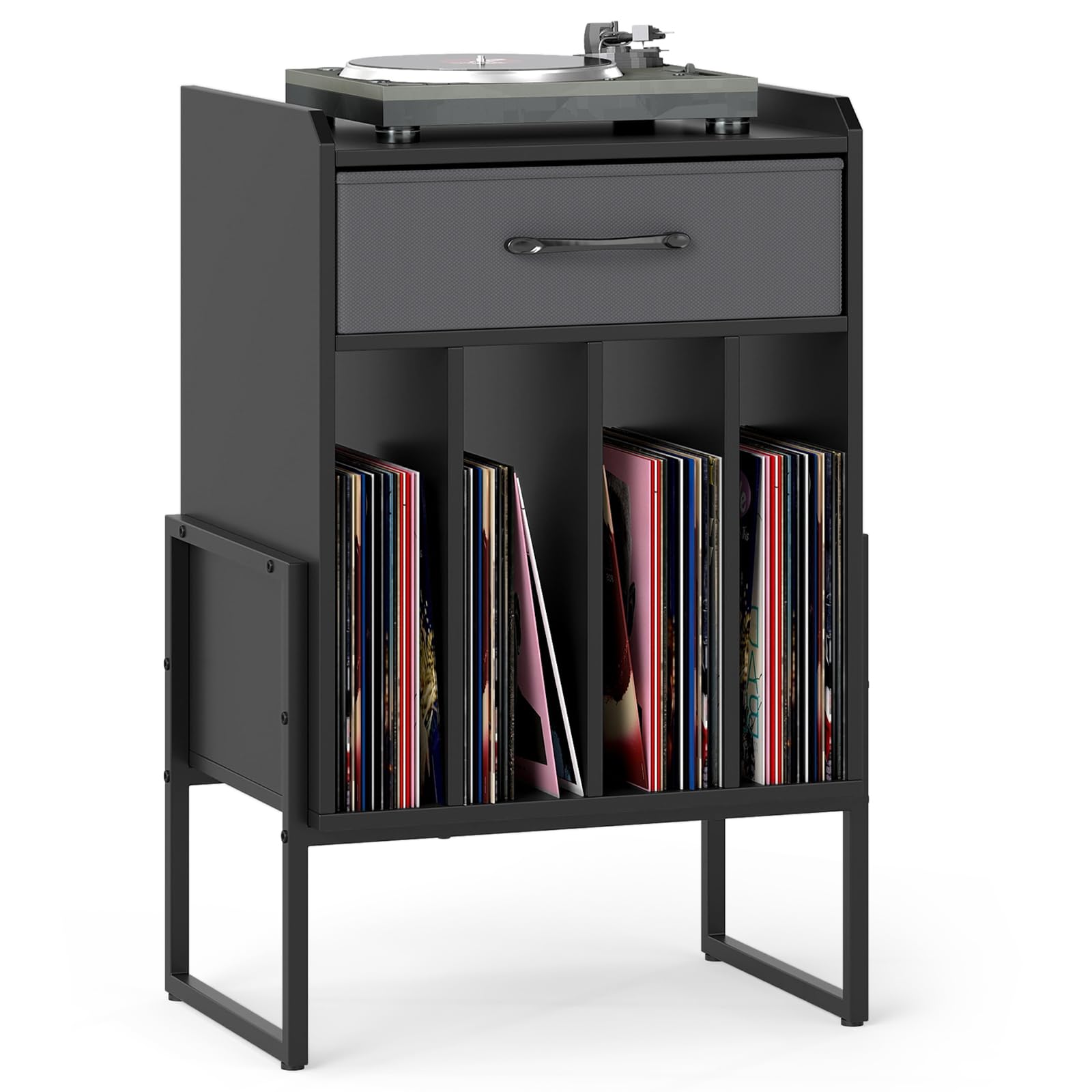 GIANTEX Record Player Stand with Fabric Drawer, Black