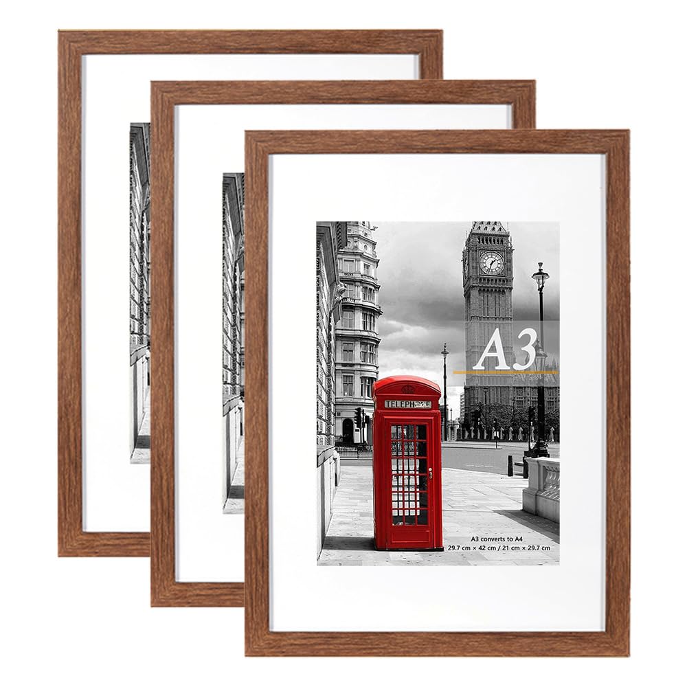 Scholar Tree Rustic Wood Photo Frame Picture Frames, A3 with Mat for A4 Mount Picture, Set of 3, Wall Mountable — image 1