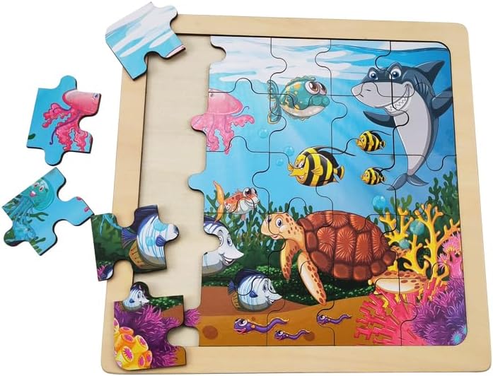 Miniatura 6 de Wooden Jigsaw Puzzle Set of 3 pcs, Farm Jungle and Sea Animals Level up Puzzles Difficulty from 9 pcs to 16 pcs 25 pcs Educational Preschool Toys