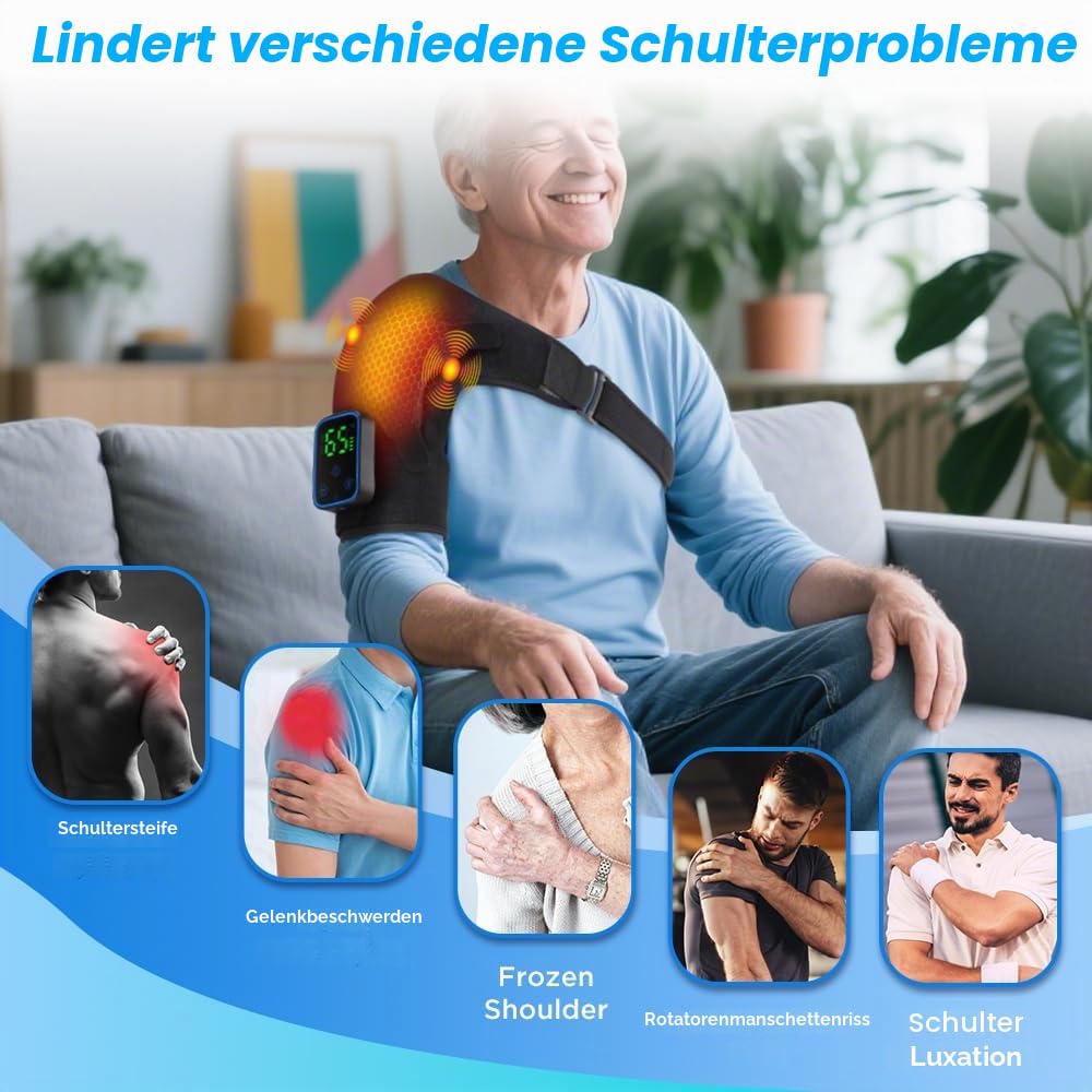 Schultermassagegerät mit Heizung & App, 7 Temperaturen (40 – 70 °C) & 3 Vibrationsmodi – 5000 mAh wiederaufladbar – kabelloses Massagekissen für Schultern, Nacken & Rücken (1 Stück)