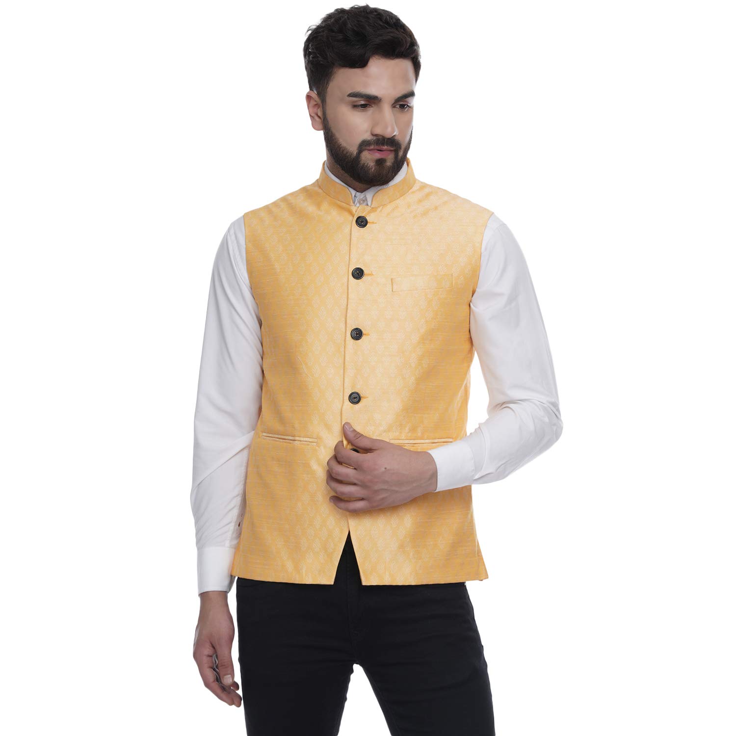 ghanshee Yellow Jacquard Printed Silk Nehru Jacket (yellow)-picture-13