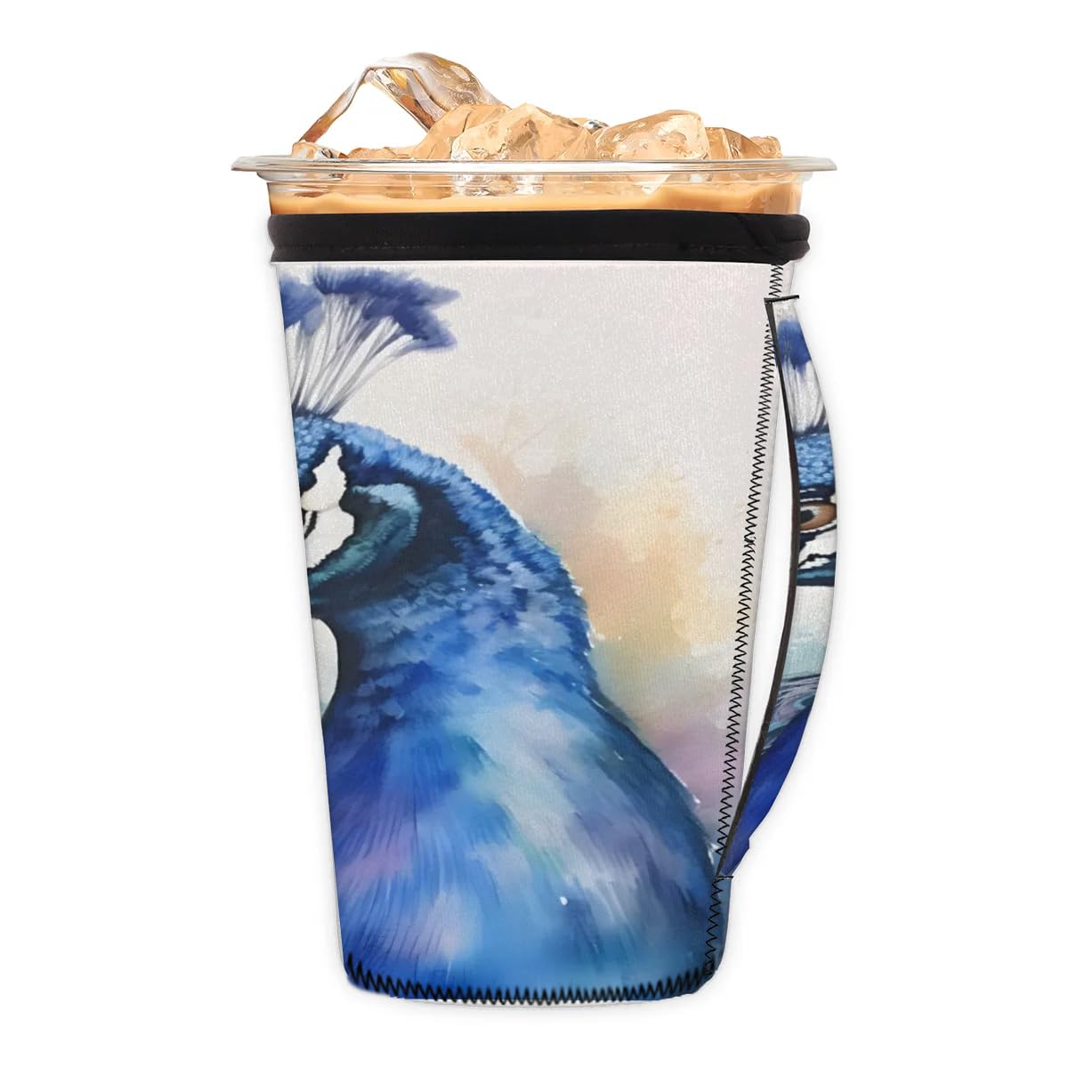 Watercolor Peacock M Reusable Iced Insulator Coffee Sleeves Neoprene Insulated Sleeves With Handle Coffee Sleeves for Iced Coffee Cups Drinks