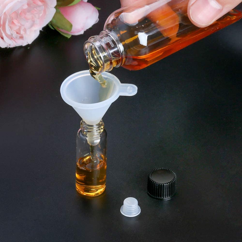 24 Piccola Bottiglie di Vetro Campione, 5ml Fiale di Vetro Trasparente, Essential Oil Sample Glass Bottle Vial con Tappo Nero a Vite in Plastica Contenitore