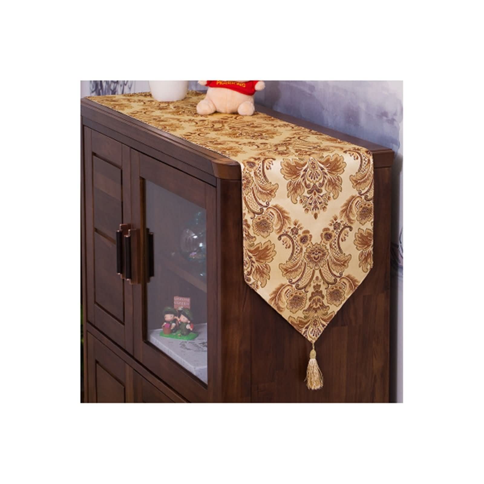 Świąteczny bieżnik na stół, beżowy żółty krótki bieżnik na stół haft kwiaty z frędzlami jedwabny bieżnik na stół 33 x 120 cm dekoracje stołu