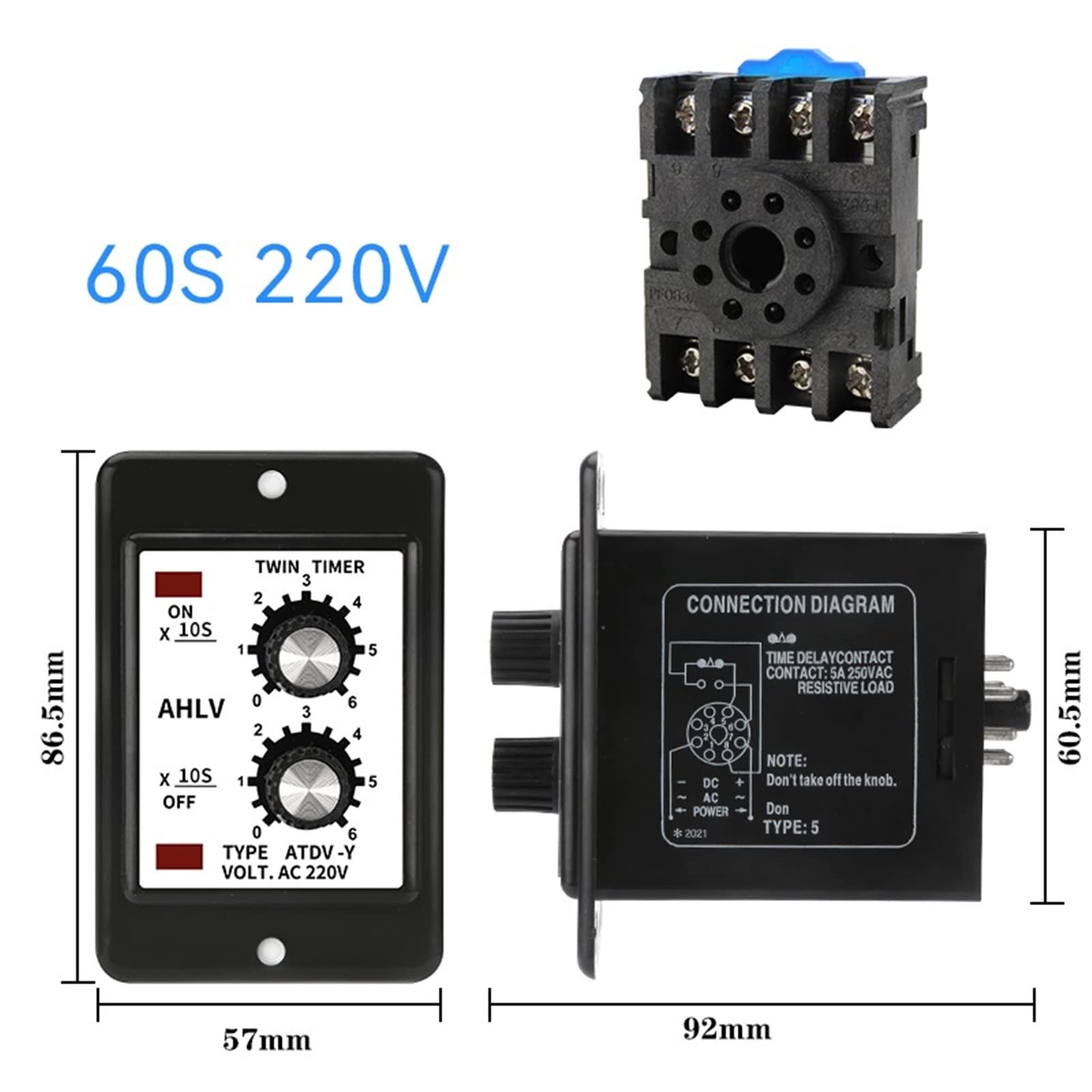 Relè doppio tempo regolabile Temporizzatore ciclo di ripetizione ATDV-Y ON Off 3S/6S/12S/30S/60S 220V Doppio timer con base presa Parti di ricambio (Size : 60S 220V)