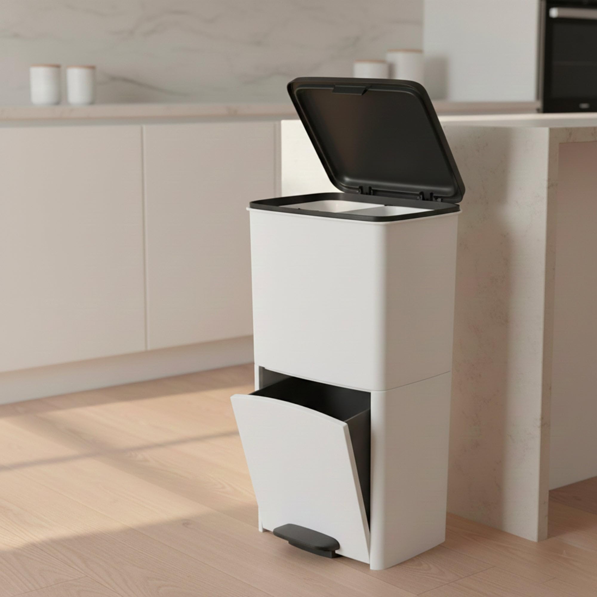 KITCHEN MOVE Poubelle de cuisine tri sélectif verticale 70 litres Blanc double compartiment