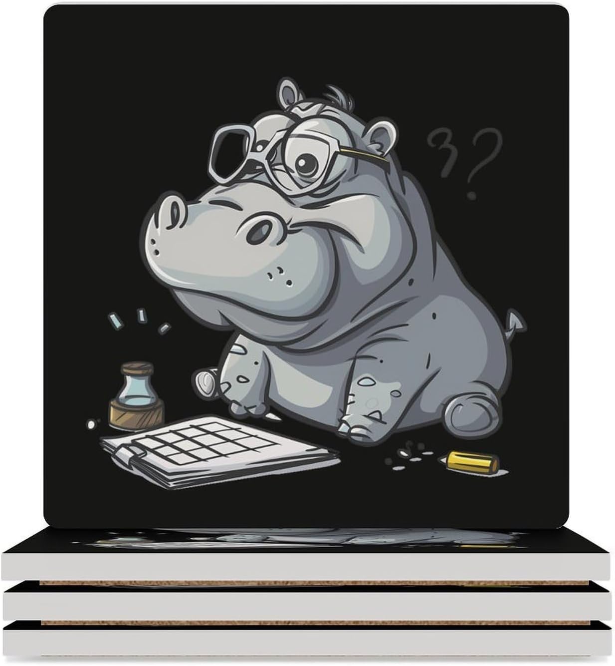 Math Hippo Coaster for Drinks Square Ceramic Table Coasters Stone Mat Crafts 6PCS Home Kitchen Decor