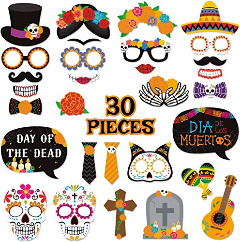 30 PCS Day of the Dead Photo Booth Props Sugar Skull Masks Marigold Flowers Decorations for Mexican Birthday Party Photo Booth Wedding Fiesta Party Supplies Día de los Muertos