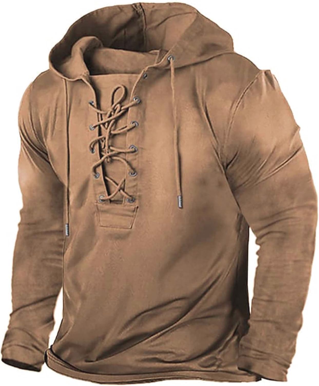 Beotyshow Mens Distressed Tactical Hoodies Sweatshirts Rotro Lace Up Hooded Pullover Outdoor Sports Long/Short Sleeve Shirts Medium Brown