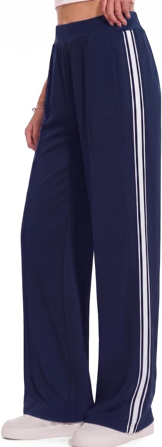 BISUAL Women's Wide Leg Track Pants High Waisted Stripe Sweatpants