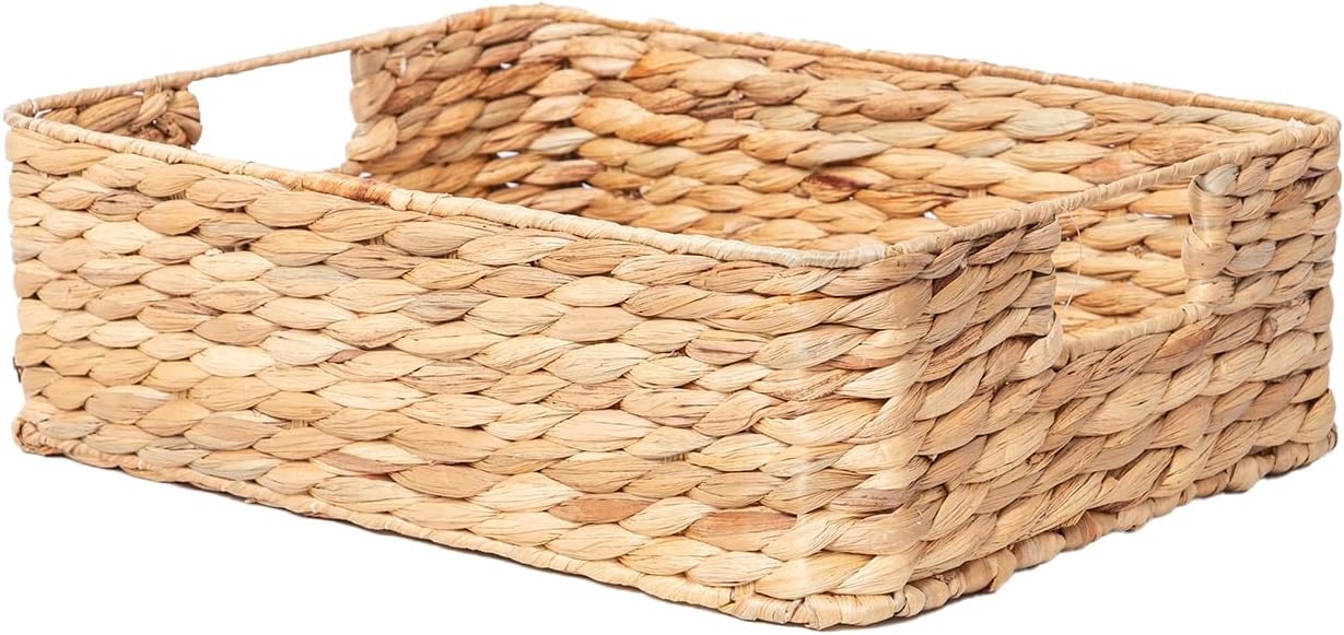 YAHUAN Water Hyacinth Storage Baskets for Organizing Drawer Basket With Handle Square Shallow Basket Wicker Baskets for Shelf (Original)