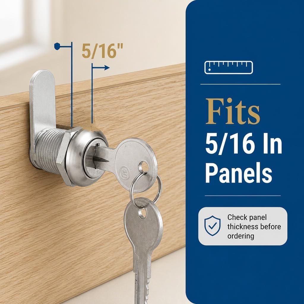 Prime-Line U 9941KA Diecast Keyed Alike Drawer and Cabinet Lock, 3 Cams, Trim Collar, 2 Washers, 2 Keys and Fasteners, 5/8” Length for 5/16” Max Panel Thickness, Stainless Steel (Set of 1)