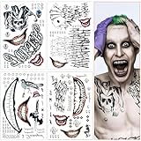 Joker Tattoos 4 Sheets,Halloween Temporary Tattoos for Men,Suicide Squad Fake Tattoo Stickers For Adults,Clown Costume Masquerade Cosplay Party Accessories Face Makeup,Large Size Waterproof