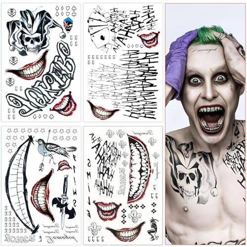 Joker Tattoos 4 Sheets,Halloween Temporary Tattoos for Men,Suicide Squad Fake Tattoo Stickers For Adults,Clown Costume Masquerade Cosplay Party Accessories Face Makeup,Large Size Waterproof