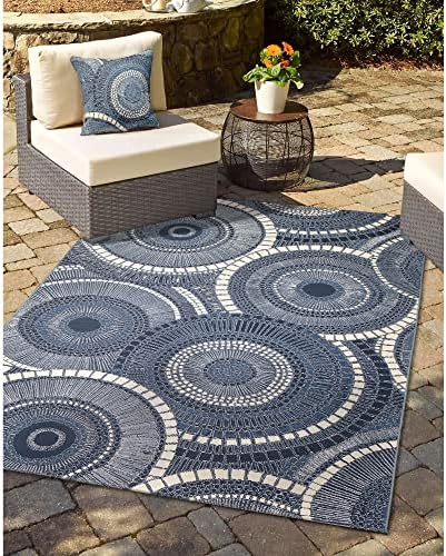 Liora Manne Marina Indoor/Outdoor Power Loomed Easy Care Pillow - Contemporary Geometric Casual Accent (Circles Delft) (18" x 18")