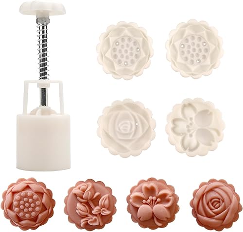 Moldes de pastel de luna rosados con forma linda, grosor ajustable, sello de postre para galletas, herramienta de decoración de pastelería (4 flores