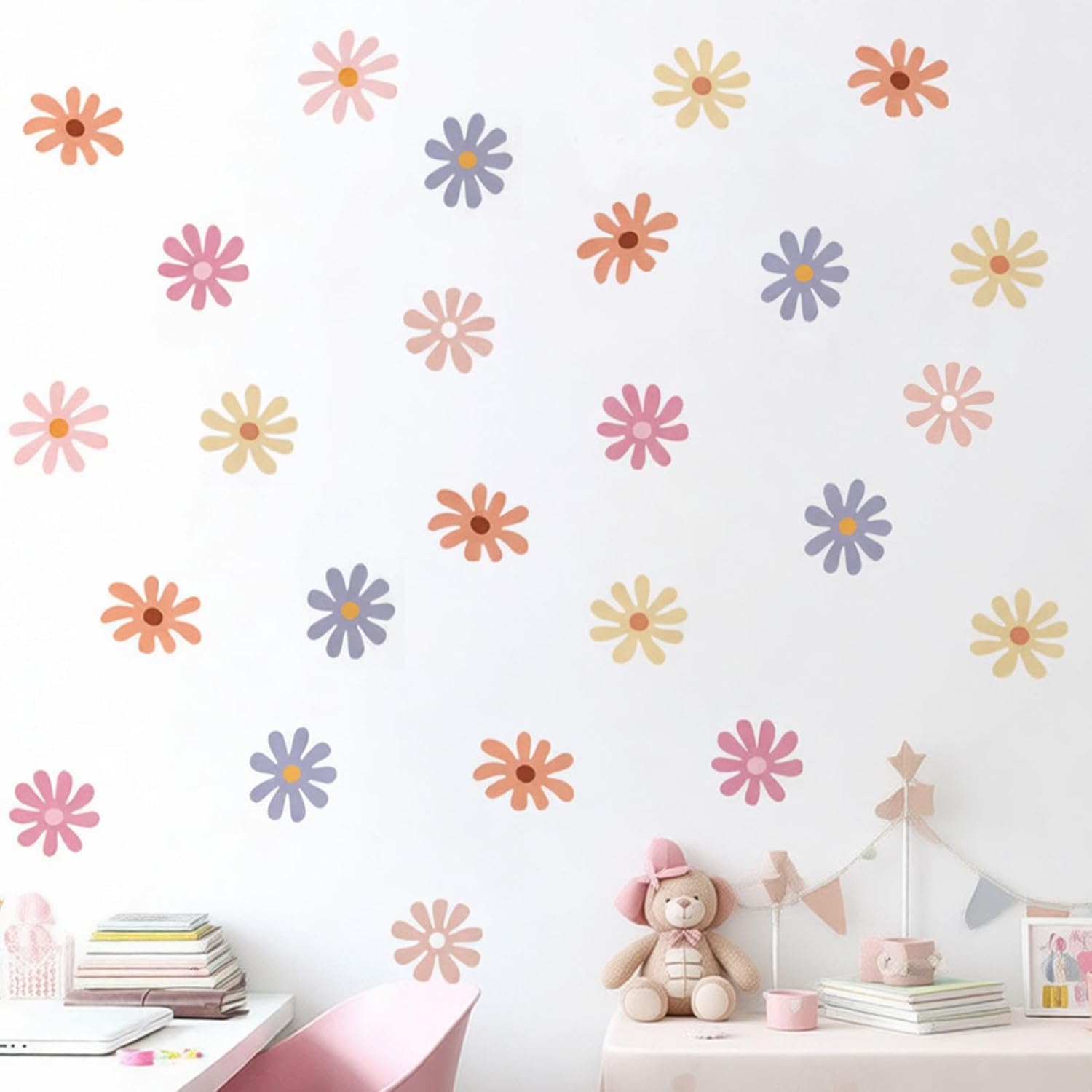 12 Sheets/ 72 Pcs Colorful Boho Daisy Wall Stickers Decor for Bedroom Bathroom Removable Daisy Wall Decals Peel and Stick Colorful Wildflower Wallpaper Room Decorations
