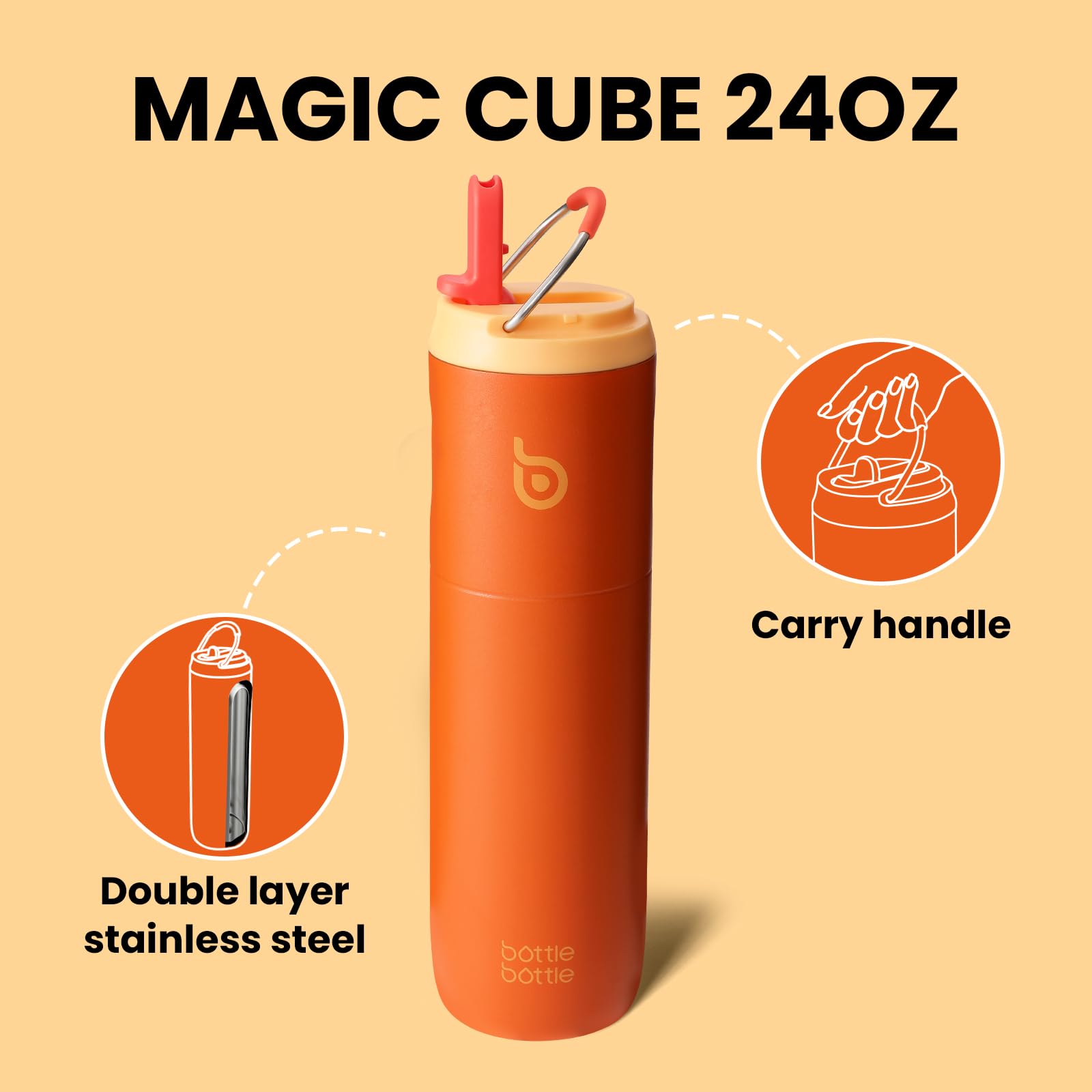 Bottle Bottle Borraccia termica da 710 ml, con coperchio, cannuccia e manico, in acciaio inox, a doppia parete sottovuoto, a prova di perdite, senza BPA, per sport, viaggi, palestra, arancione