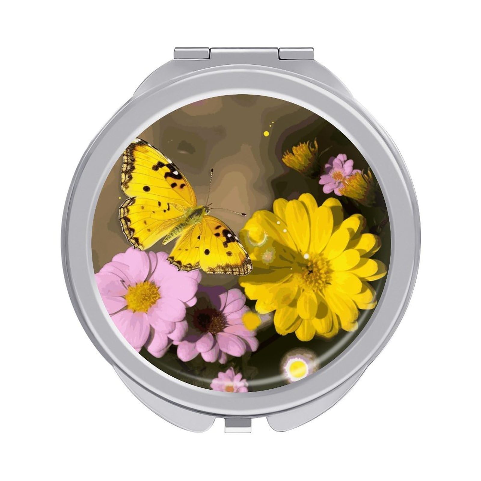 FekiLoot Yellow Butterfly and Flower Travel Makeup Mirror for Women Folding Portable Hand Compact Mirrors Small Round Vanity Mirror 1X/2X Magnifying Metal Pocket Makeup Mirrors