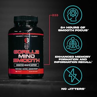 Gorilla Mind Smooth Nootropic Formula - Best Non-Stimulant Productivity Supplement/Memory · Focus · Mental Clarity · No Jitters / 90 Capsules
