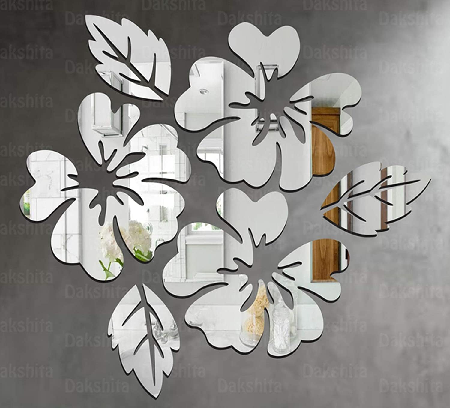 Meraki Mart Non Glass Small and Big Floral/Flower Leaf Design Wall Stickers 3D Acrylic Wall Mirror Sticker DIY Wall Decoration Decor Art for Bedroom, Living Room, Home, Office and Washroom - 6 Pcs, Silver (B0BZ4QXPVT) Amazon Price History, Amazon Price Tracker