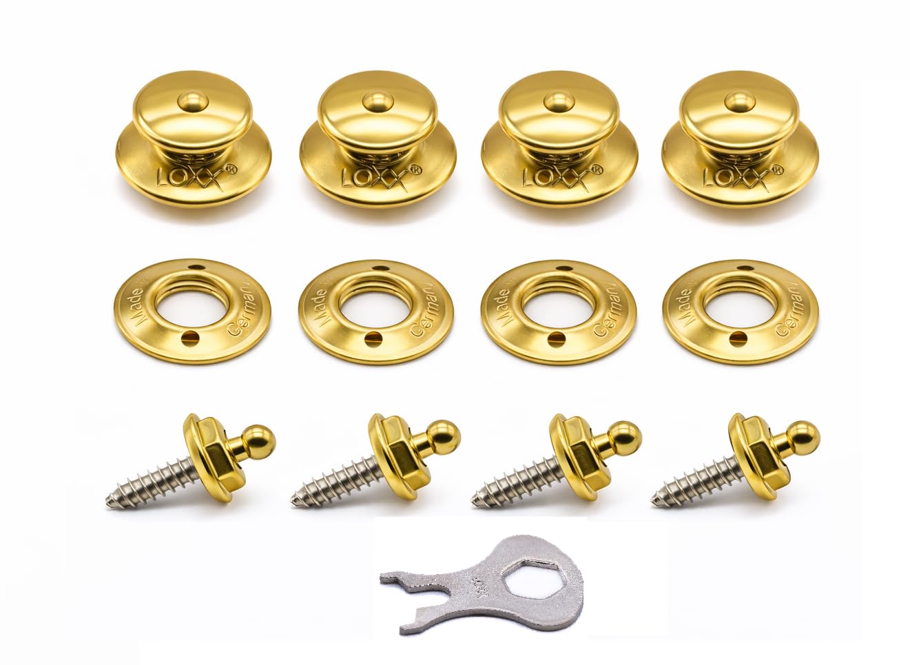 4 x Sets Solid Brass Loxx Fastener Upper Button with 4.2 x 12mm self tap Screw Stud Used on Tarpaulin, Guitar Strap, Gazebo, Boat Canopy