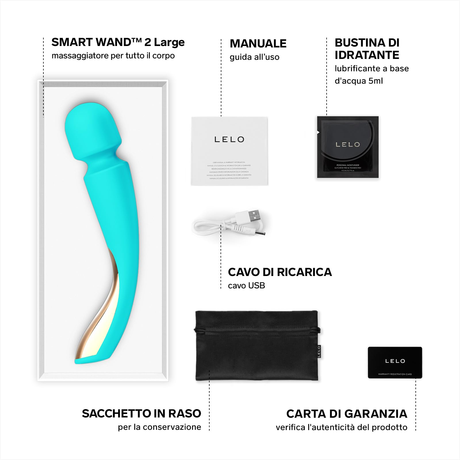 LELO SMART WAND 2 Large, Massaggiatore Manuale per Tutto il Corpo, Magic Wand con 10 Modalità di Vibrazione, Vibratore Donna e Uomo, Aqua