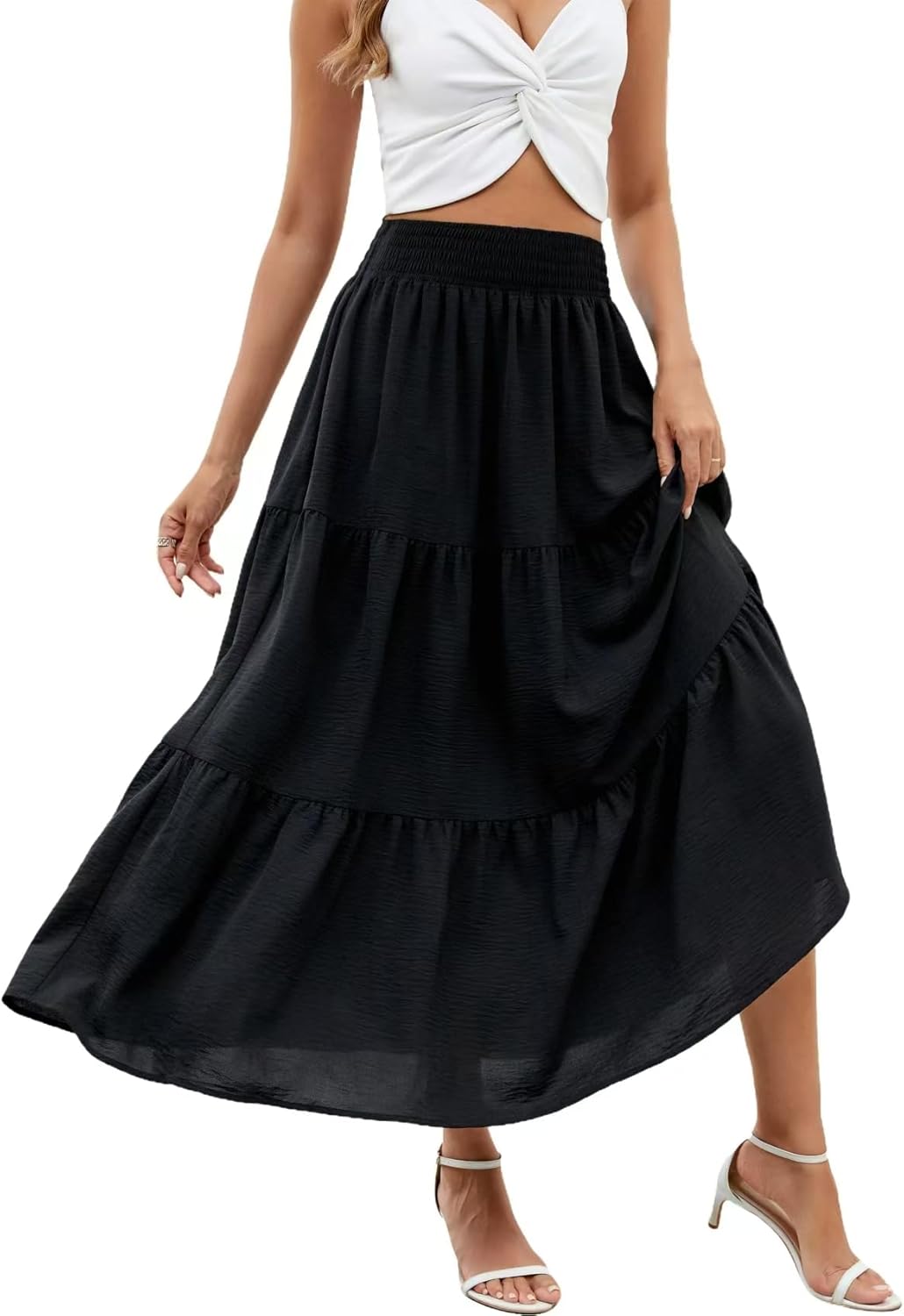 Womens girdle elastic pleated A-line flared midi length garden skirt