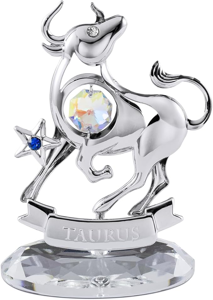Crystocraft Constellation Figurine Taurus with Crystal Base, Metal Zodiac Sign Crystal Home Office Geomantic Decoration for Luck Wealth Perfect, Horoscope Statue Gift for Birthday Anniversary