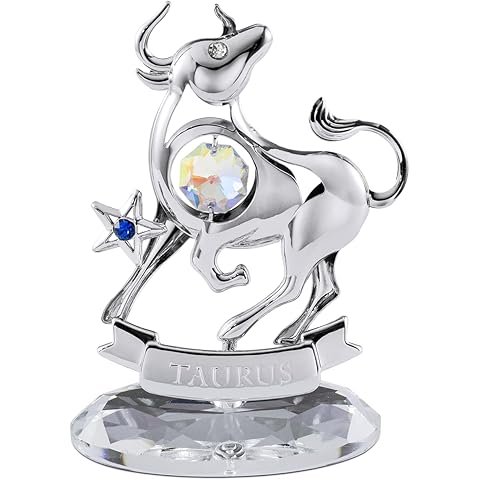 Crystocraft Constellation Figurine Taurus with Crystal Base, Metal Zodiac Sign Crystal Home Office Geomantic Decoration for Luck Wealth Perfect, Horoscope Statue Gift for Birthday Anniversary