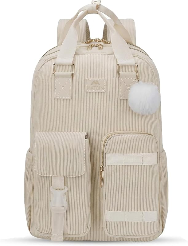 15.6 Inch Laptop Backpack, Cute Corduroy College School Work Bookbag | TSA Travel Backpack with Luggage Strap, Aesthetic Lightweight Soft, Kawaii Gift for Teen Girls Women, Beige