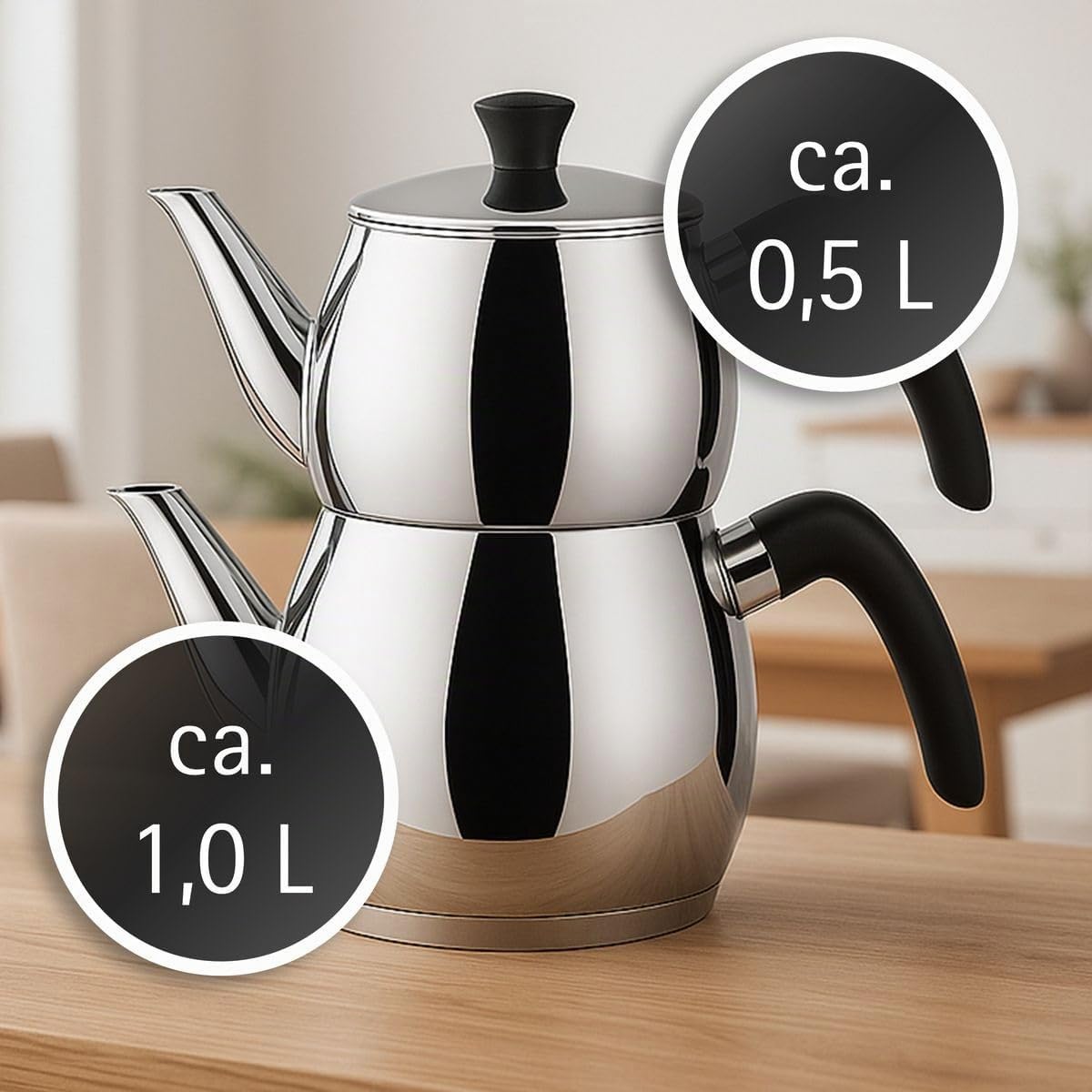 Caydanlik Teekanne Edelstahl 2-stöckig – Türkischer Teekocher induktionsgeeignet – mit Teegläsern oder nur Kanne Größe Kanne 1,5L, Farbe Glas-Set 12er