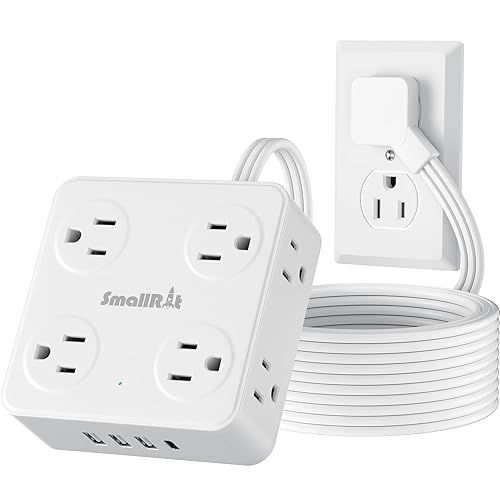 Regleta de alimentación de enchufe plano con USB C, cable de extensión plano de 6.5 pies, 8 salidas de CA y 4 USB (1 USB C), regleta de alimentación