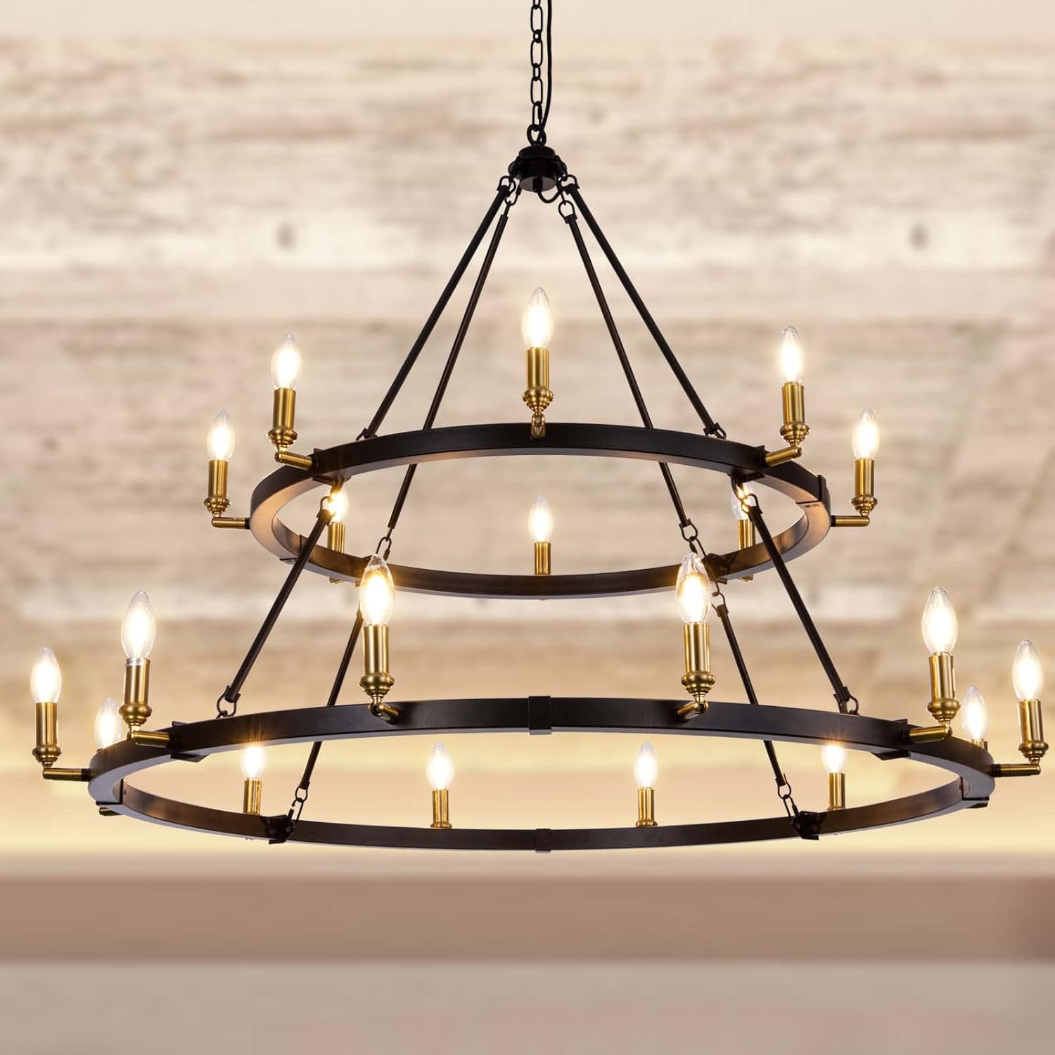 TOCHIC Black Gold Chandelier Light Fixture, Farmhouse Dining Room 20-Light Large Round Wagon Wheel Chandelier for High Ceiling Living Room, Kitchen Island, Foyer, Modern Lighting W48” Adjustable Base