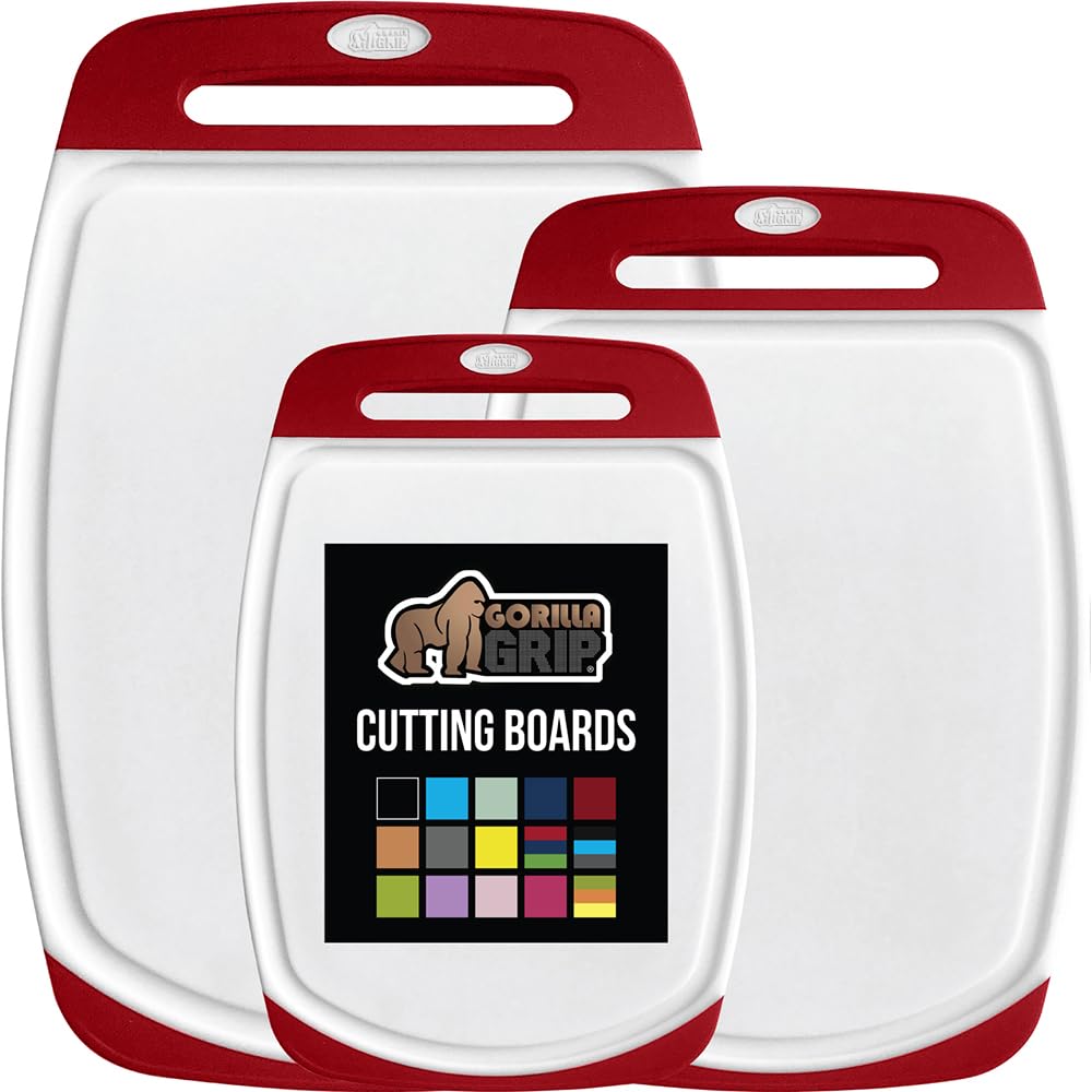 Gorilla Grip The Original Oversized 100% BPA Free Reversible Durable Kitchen Cutting Board Set of 3, Juice Grooves, Dishwasher Safe, Easy Handle Border, Food Chopping Boards, Cooking, Red