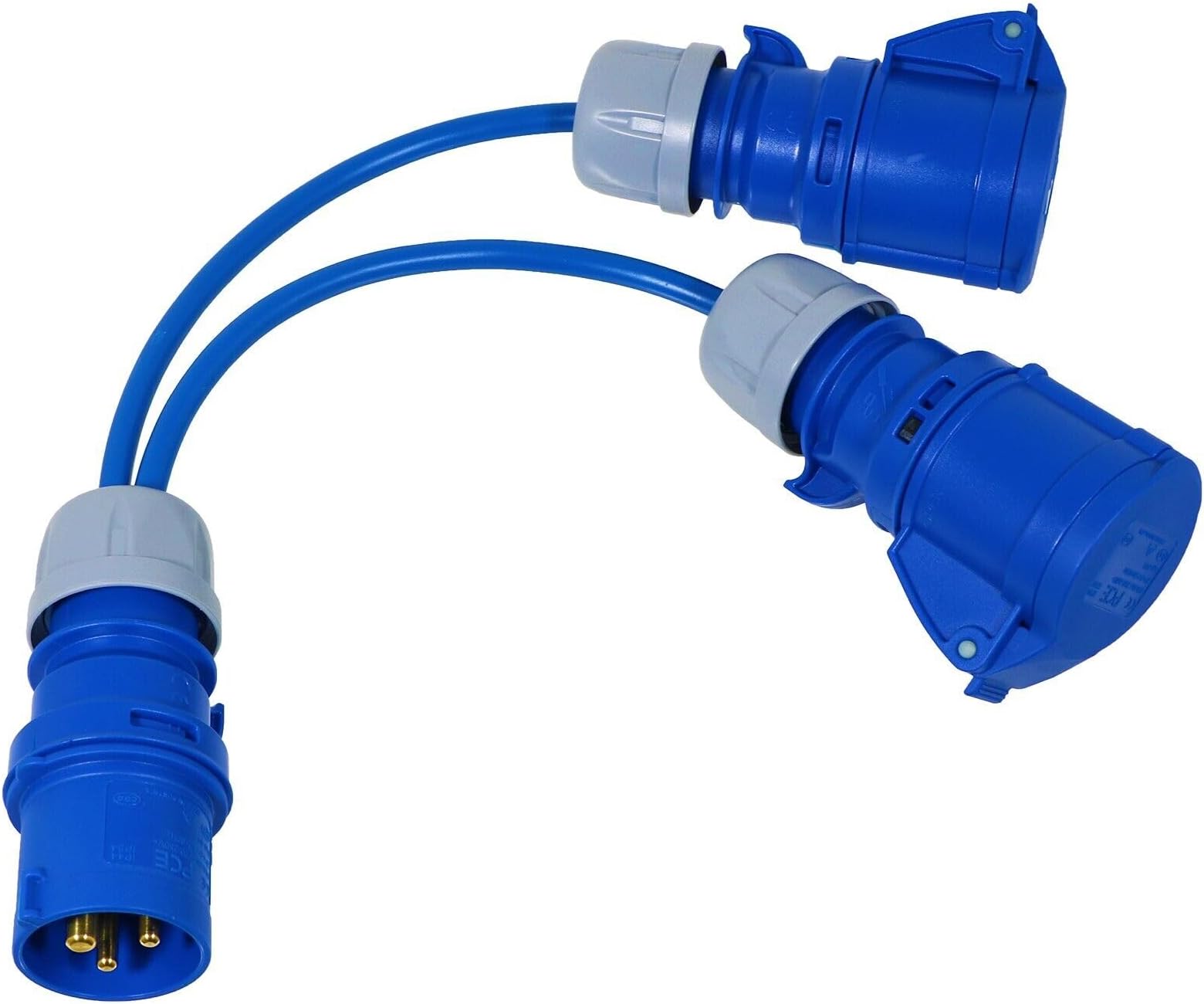 SPARES2GO 16A Splitter Cable 240V Caravan Motorhome 2 Way Hook Up Y Piece 2 x 16 Amp Sockets (Blue)