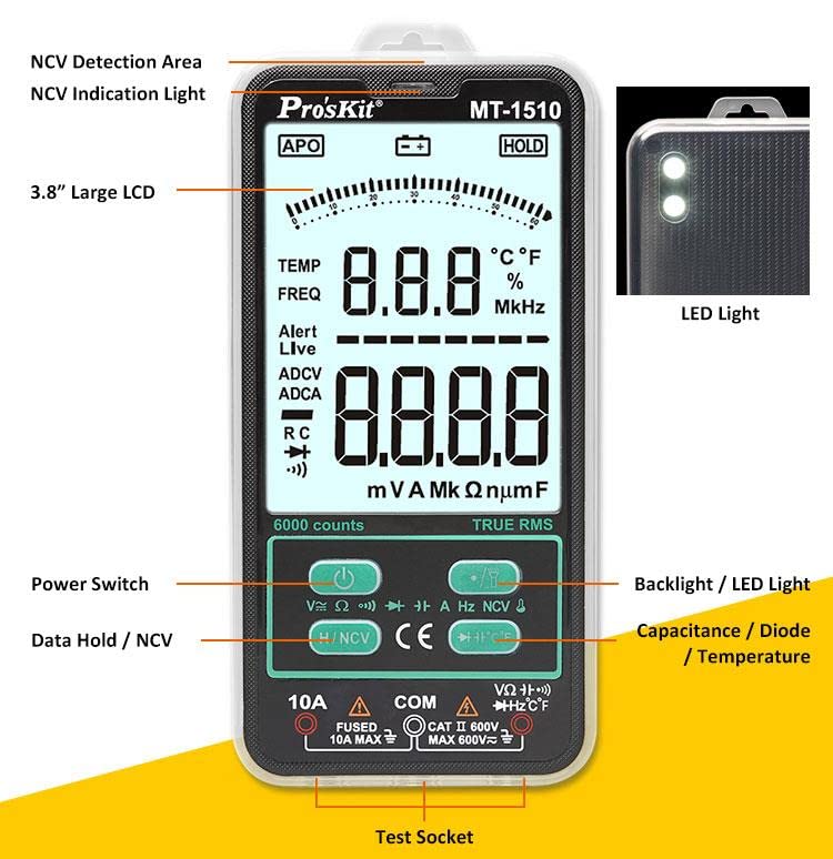 Detailed view of Pro'sKit MT-1510 multimeter with labeled components