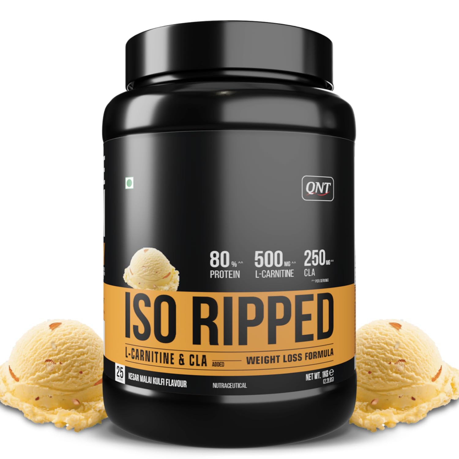 QNT ISO Ripped Whey Protein Isolate Powder | With L-Carnitine & CLA | 32g Pure Whey Isolate per Serving | Supports Lean Muscle Growth & Weight Loss | Kesar Malai Kulfi Flavor, 1 Kg